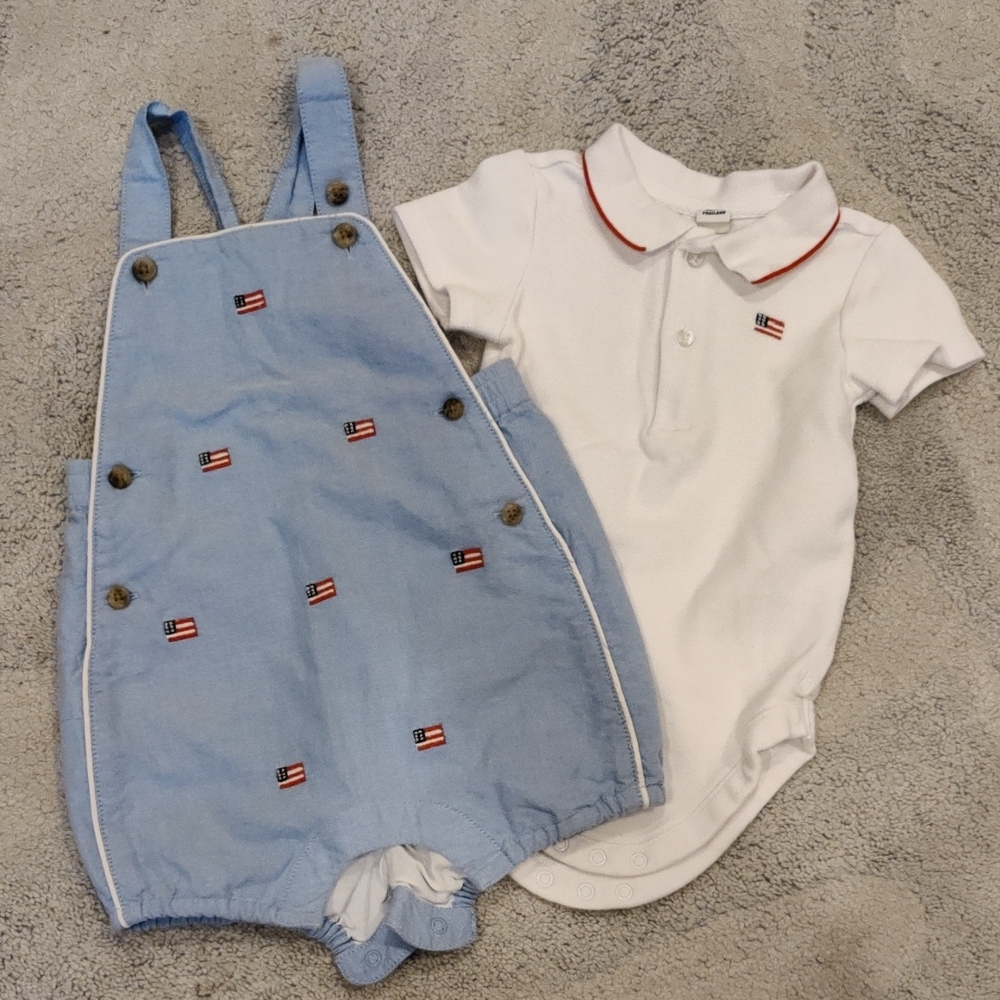 Blue Overalls and White Polo Onesie Set